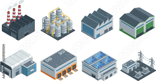 Quadro su tela Isometric Industrial Buildings and Factory Vector Set Featuring Manufacturing Pl