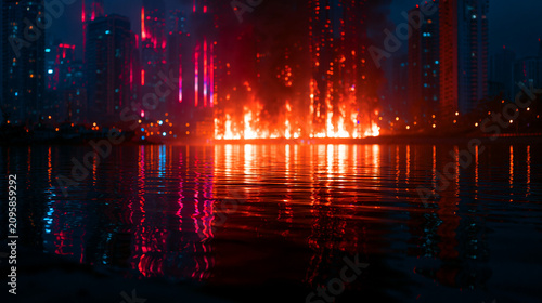 Dramatic urban fire filling downtown streets with smoke and flames people fleeing disaster and crisis concept