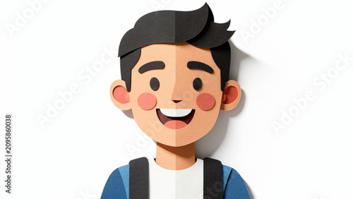 Cheerful young boy with brown hair wearing backpack and smiling in studio shot with clean white background