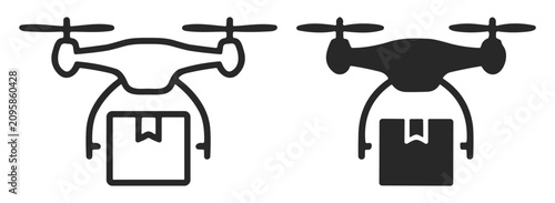 Black and white icons of drones carrying packages representing delivery and logistics technology on transparent background
