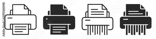 Set of black and white printer and paper shredder icons with documents on transparent background