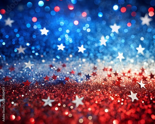 Abstract patriotic red white and blue glitter sparkle explosion background for celebrations, voting, July fireworks, memorials, labor day and elections