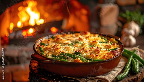 Homemade casserole baked with vegetables and melted cheese near fireplace creating cozy rustic atmosphere ideal for autumn evenings or traditional family gatherings