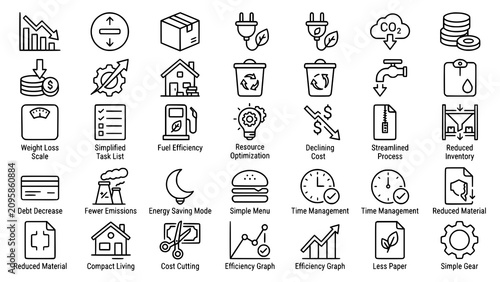 Business process efficiency and cost reduction icon set with efficiency, business