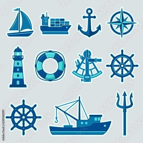 Collection of blue nautical and maritime travel icons.