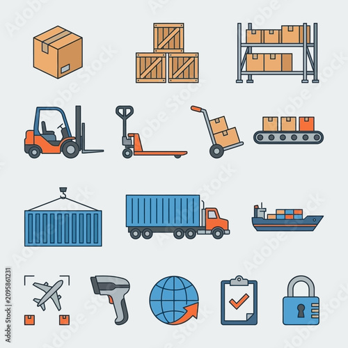 Collection of logistics, shipping, and cargo transportation icons.