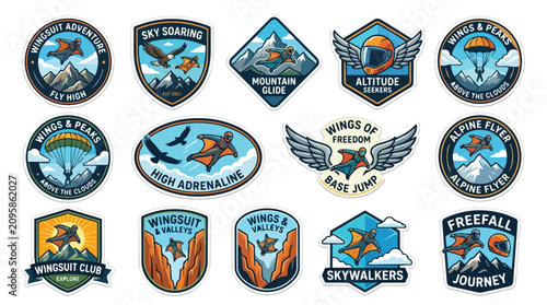 Set of wingsuit flying and skydiving adventure emblems and badges.