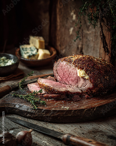 grilled steak on a kitchen board with cheese with attractive background generated by AI 