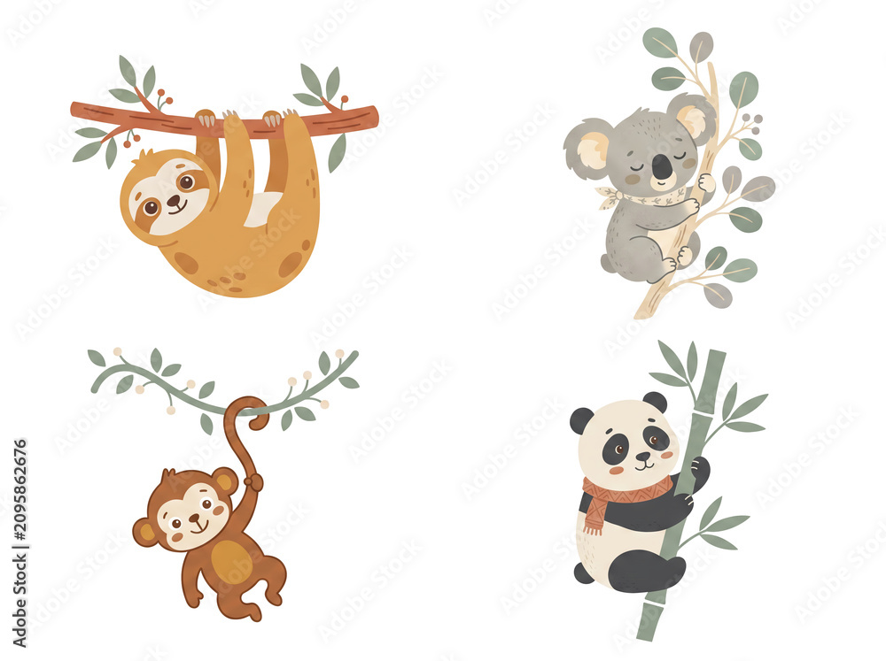 Fototapeta premium Children's cartoon animals illustrations set climbing branches