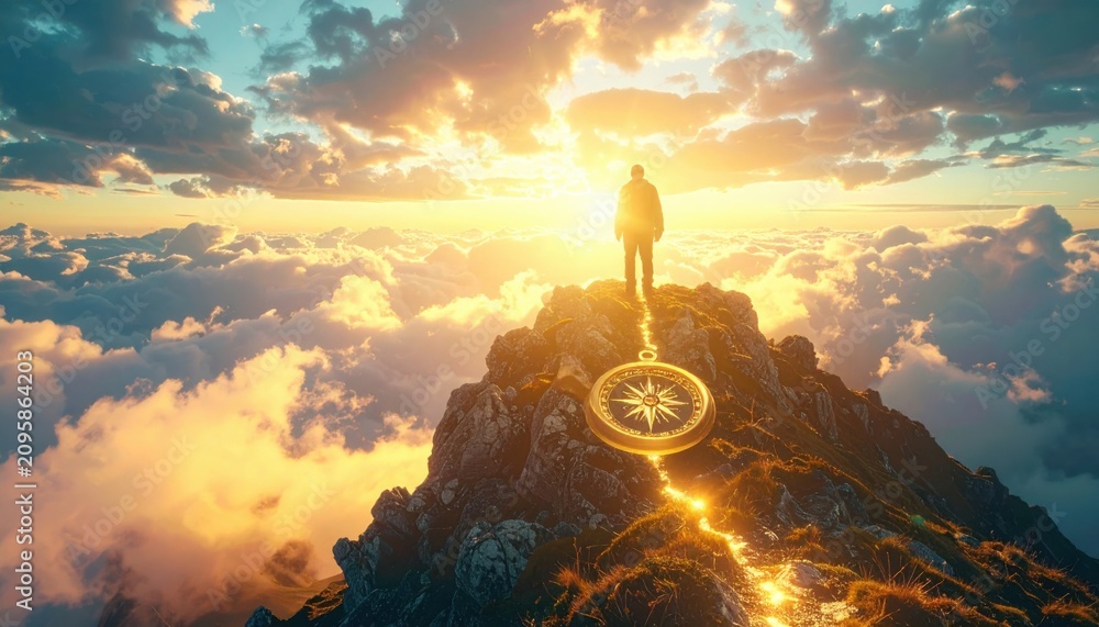 Obraz premium Man silhouette standing on high mountain peak above clouds looking at golden sunset with large gold compass glowing on ground