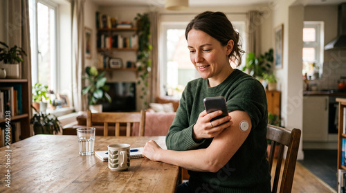Woman checking glucose monitor data on smartphone at home