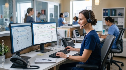 Healthcare professional wearing headset works at computer with medical data on screen