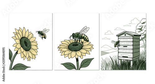 Honeybee Pollination Sequence with Sunflower and Wooden Beehive