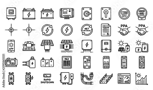 Photos Solar energy power system outline icons | Renewable electricity inverter battery