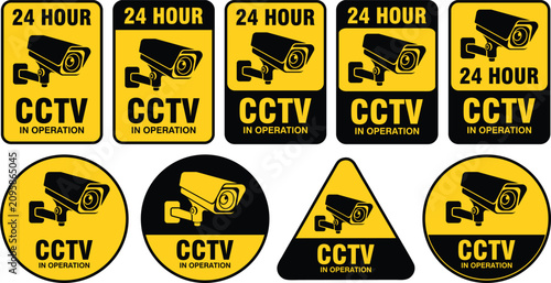 CCTV warning sign collection. Yellow and black security camera alert badges for video surveillance and 24 hour property protection. Vector illustration.
