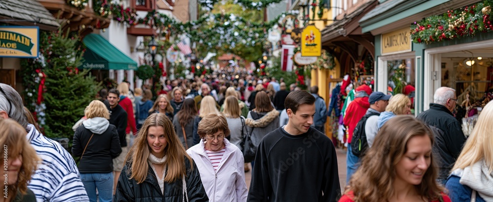 Fototapeta premium Charming shops and festive decorations brighten a lively European market street filled with holiday shoppers.