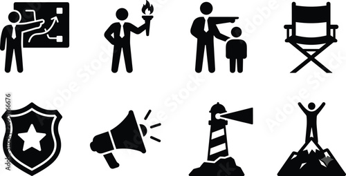 Business leadership and guidance vector icon set featuring strategic planning mentorship lighthouse and success symbols