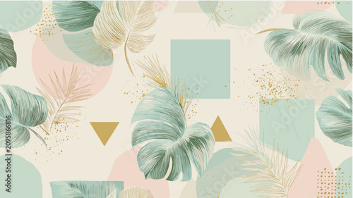 Seamless pattern with tropical monstera leaves and abstract shapes. Tropical monstera leaves creating a seamless pattern with pastel abstract shapes and gold details