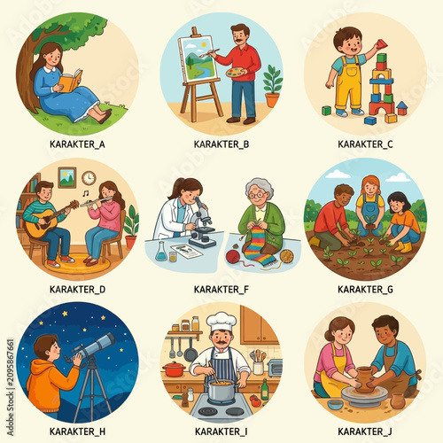 Diverse character hobby and lifestyle illustration icons set.