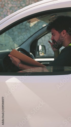 Delivery driver talking on the phone inside a van