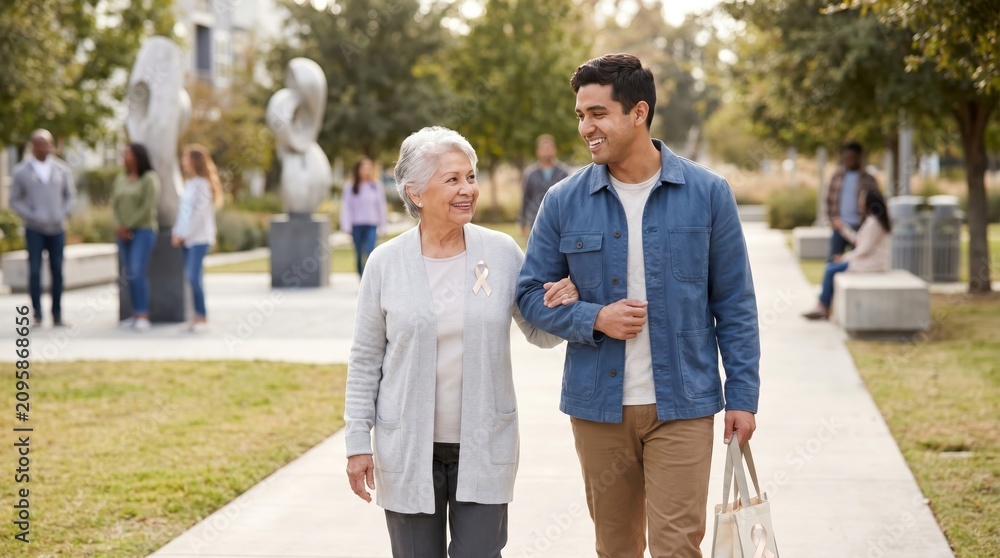 Fototapeta premium Senior Woman and Caregiver Walking Together Outdoors on World Lungs Day