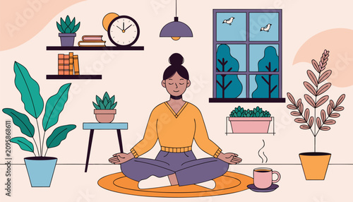 Woman Meditating at Home Surrounded by Houseplants Cozy Mindfulness and Wellness Flat Vector Illustration