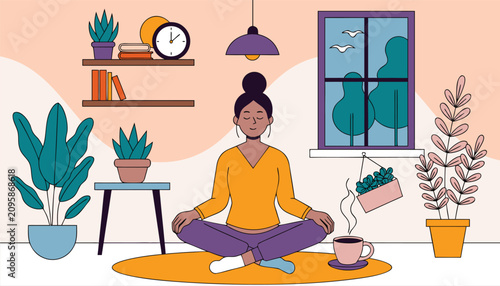 Peaceful Woman Practicing Meditation at Home with Indoor Plants Cozy Wellness Flat Vector Illustration