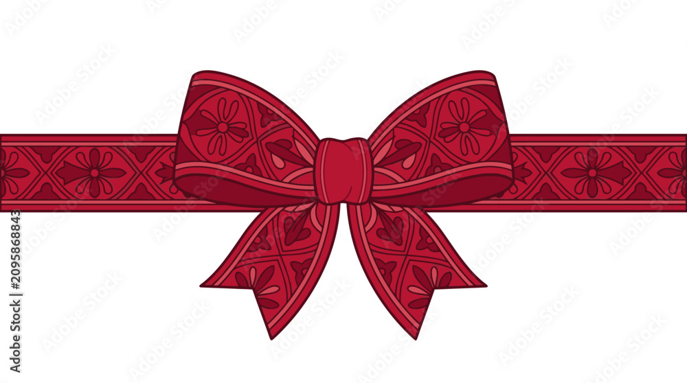 Fototapeta premium Lazo decorativo de color rojo con un elegante patrón floral ornamental sobre una cinta horizontal, ideal para envolver regalos, celebraciones navideñas y diseño festivo aislado en blanco