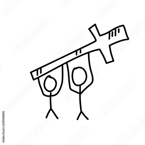 two stick figures carrying large cross simple line art