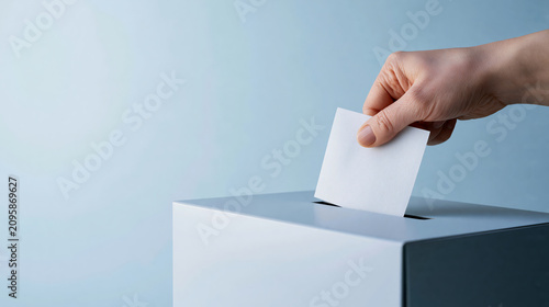  close-up on a person's hand neatly inserting a white paper ballot into a sleek