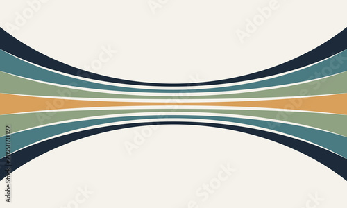 фотографія Retro striped ribbons in navy teal sage and mustard colors narrowing to the center then widening outward, symmetrical seventies style curved wave pattern on cream background design
