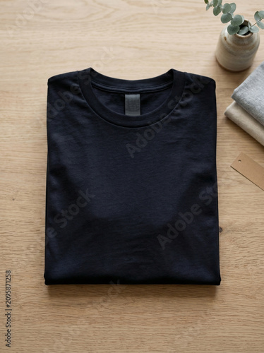 Neatly folded black blank cotton t shirt with a grey label on a light wooden table top view with a ceramic vase and folded clothes minimalist concept