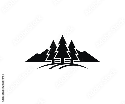 PrintTitle: Minimalist mountain range and pine trees forest vector silhouette logo