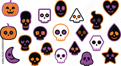 Fotografie Spooky halloween vector set pumpkins skulls ghostly shapes for festive designs