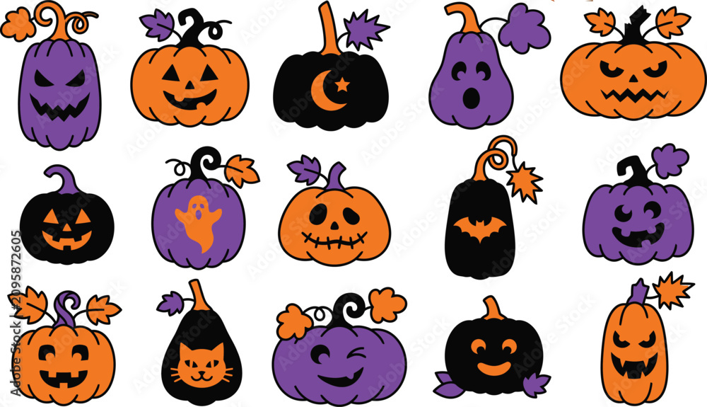 Obraz premium Colorful Halloween pumpkin bundle. Spooky halloween vector set cute pumpkin faces ghosts cats bats for festive designs
