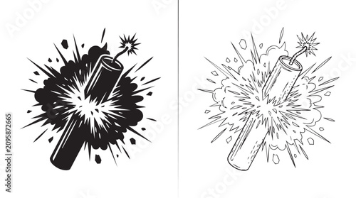 Fotografie black silhouette with line art vector icon of an exploding firecracker