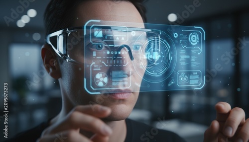A focused person examines holographic display showing data and tech elements. Growing trend of augmented workflow in professional environment