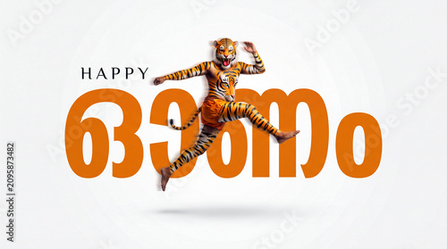 Pulikali tiger dancer leaping mid-air over bold orange Malayalam typography text on a clean white background, creative Happy Onam festive greeting banner with copy space.