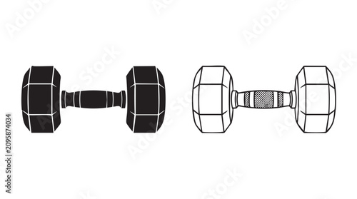 Canvastavla dumbbell black silhouette with line art vector icon fitness weight symbol concep