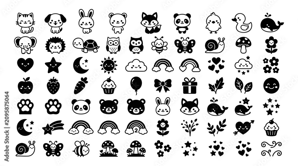 Fototapeta premium Animals, Objects, and Nature Icons in a Black and White Vector Illustration Featuring Cute, Cartoon, Symbols with Design