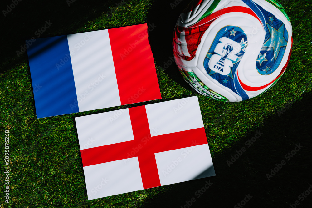 Fototapeta premium FIFA World Cup 2026 third place match: France vs England, national flags before international football match. Illustrational editorial photo