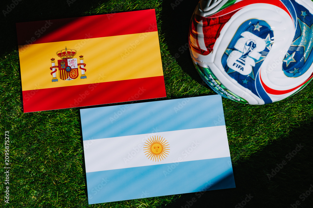 Fototapeta premium FIFA World Cup 2026 final: Spain vs Argentina, national flags before Final football match. Illustrational editorial photo