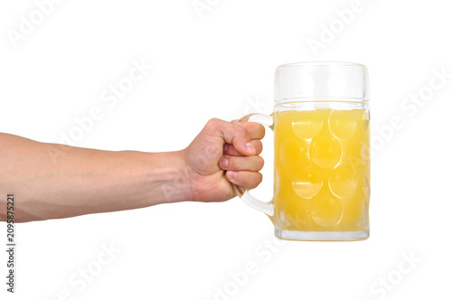 Man hand holding a glass beer mug.