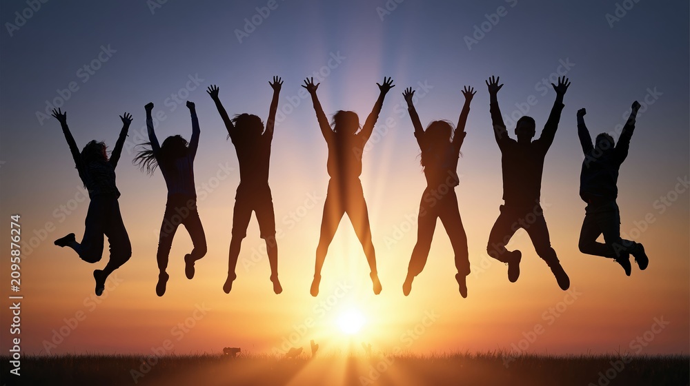 Obraz premium Youth Friendship Freedom, Friends jump against a glowing sunset sky expressing freedom, happiness, and the pure joy of friendship.