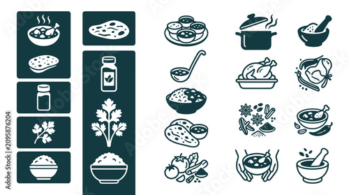 Canvastavla Minimalist dark teal vector icons for Indian food featuring bowls of curry, naan bread, basmati rice, spices, star anise, chicken, mortar and pestle, and cilantro on a white background