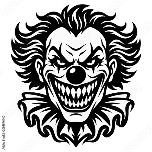Fotografi Evil clown face silhouette illustration with a sinister grin and wild hair