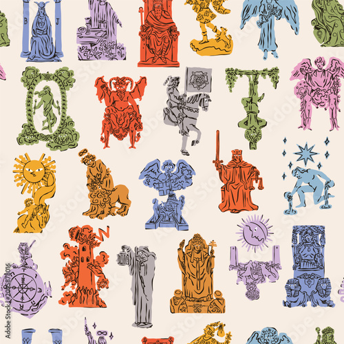 Tarot Cards. Major arcana. Unique colorful style. Trendy design. Hand drawn Vector illustration. Pack of spiritual signs. Occult, alchemy, esoteric, magic mystery, prediction concept. Seamless Pattern