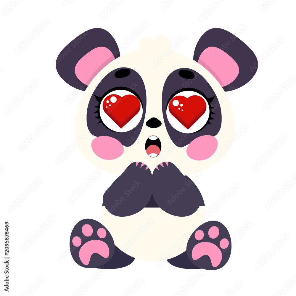 Fototapeta premium Cute giant panda illustration with red hearts in eyes sitting isolated on white background lovely bear character design for kids valentine day cards nursery prints and stickers