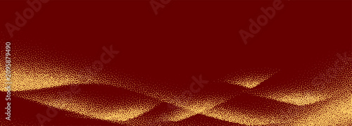 Abstract oriental hills with gold lines and geometric patterns on deep red.