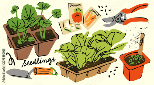 Spring Garden set. Gardening tools, sprouts, green baby plants, seedlings, seeds, containers, pots, soil. Equipment for replanting plants. Hand drawn Vector illustration. Isolated design elements